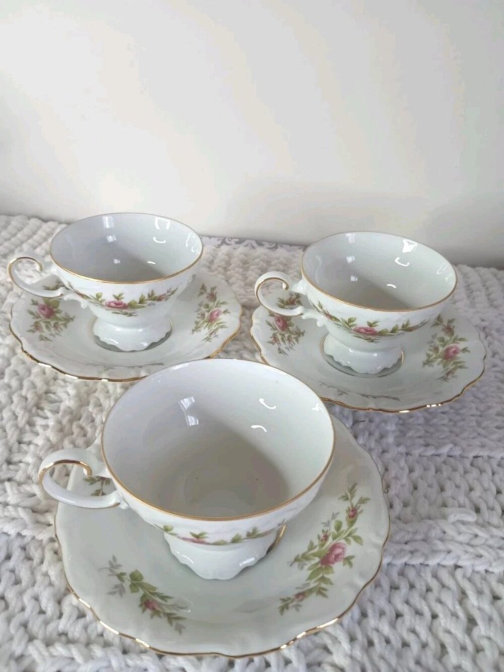 Lot Of 3 Vintage.Johann Haviland Bavaria Germany Moss Rose Footed Cups & Saucers